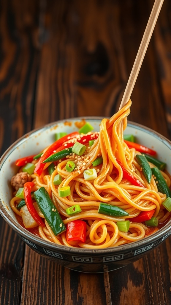 A bowl of stir-fried noodles with mixed vegetables and protein, garnished with green onions and sesame seeds.